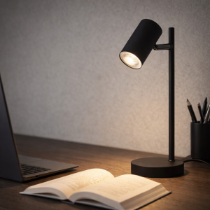 Zwarte metalen bureaulamp met verstelbare kop verlicht boek op houten bureau