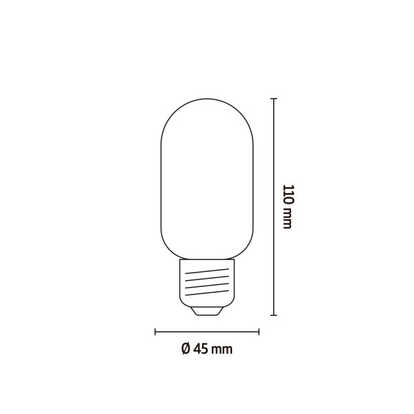 Dimension image T45.jpg-hi-res Technische lijntekening van cilindrische E27 lamp met afmetingen 110x45 mm.