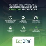 EcoDim dimmer specificaties met iconen en voordelen in groene achtergrond