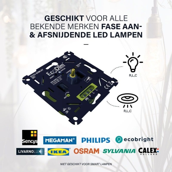 Inbouw WiFi LED dimmer zwart 0-250W met aansluitpunten en merklogo EcoDim