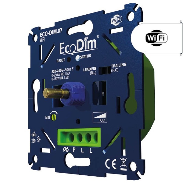 WiFi LED dimmer inbouw EcoDim blauw met groene aansluitingen