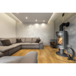 Ronde inbouwspot met warm wit licht in moderne woonkamer met haard