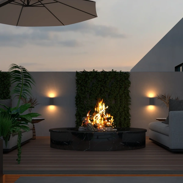 Buitenwandlampen met warm licht naast haardvuur op modern terras