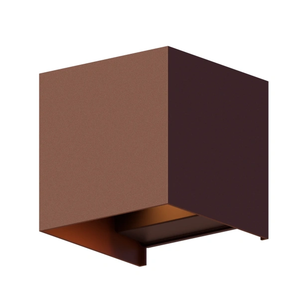 Buiten wandlamp kubusvorm roestkleurig met warmwitte up en downlight