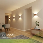 Roestkleurige wandlampen met warmwit licht aan moderne beige muur