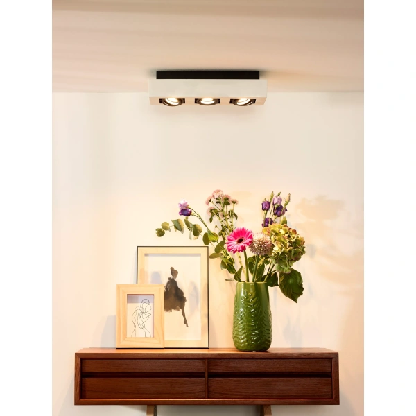 Witte opbouwspot met drie lichtpunten boven houten dressoir en bloemenvaas