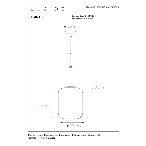 Technische tekening hanglamp Joanet met aangegeven afmetingen in centimeters