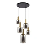 Hanglamp vijflichts zwart met gouden fittingen en fumé glas