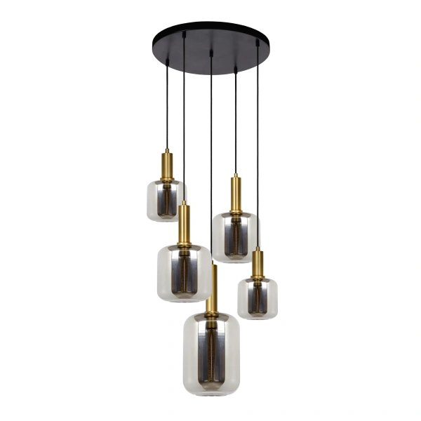 Hanglamp vijflichts zwart met gouden fittingen en fumé glas