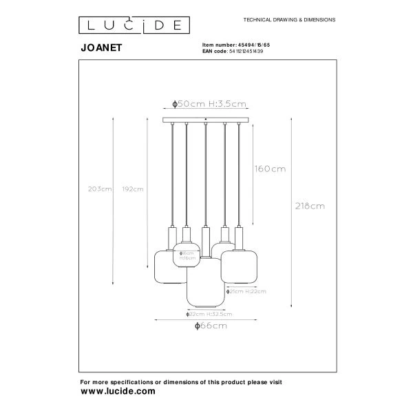 Technische tekening hanglamp Joanet vijflichts zwart goud fumé glas