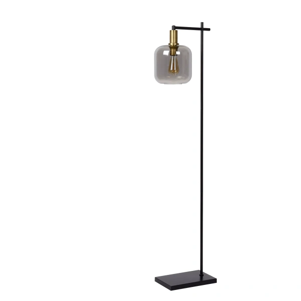 Vloerlamp zwart met gouden fitting en fumé glazen kap