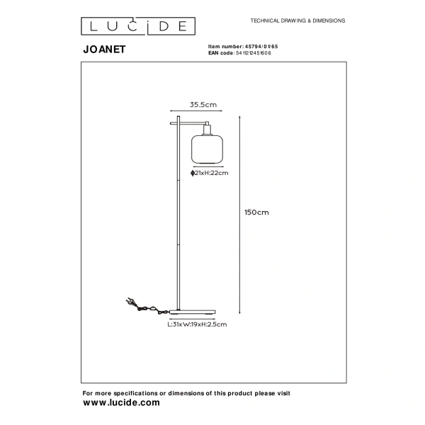 Technische tekening vloerlamp Joanet zwart goud fumé met afmetingen 150 cm