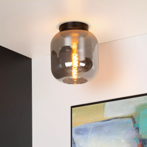Zwarte en gouden plafondlamp met fumé glazen kap in moderne woonkamer