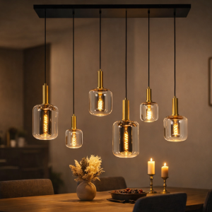 Zwarte en gouden hanglamp met zes fuméglazen kappen boven eettafel