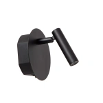 Zwarte oplaadbare bedlamp met ronde wandplaat en cilindrische spotkop