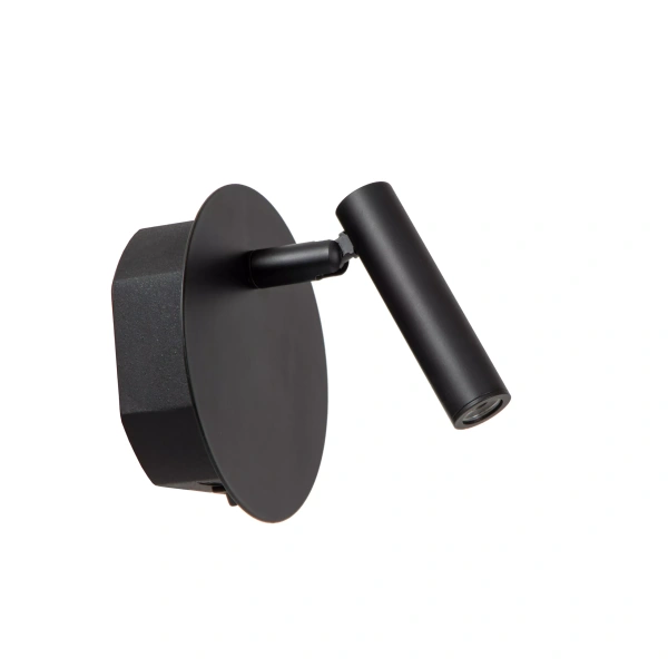 Zwarte oplaadbare bedlamp met ronde wandplaat en cilindrische spotkop