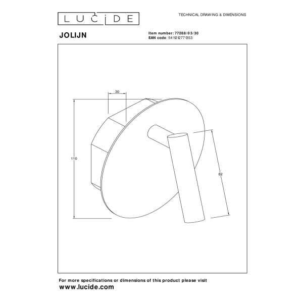 Technische tekening bedlamp oplaadbaar magnetisch JOLIJN met afmetingen