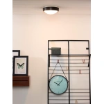 Zwarte plafondlamp met ronde witte kap in moderne woonkamer setting