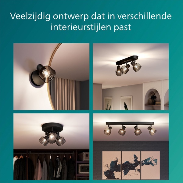 Zwarte plafondspotten met gerookt glas verspreiden warm licht in moderne interieurs