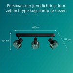 Philips plafondspot zwart met drie gerookt glazen lampenkappen maattekening