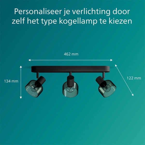 Philips plafondspot zwart met drie gerookt glazen lampenkappen maattekening