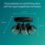 Philips plafondspot drie lichts rond zwart met gerookt glas maattekening