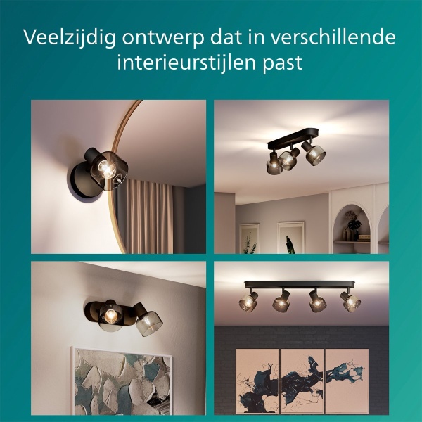 Zwarte plafondspot met gerookt glazen kappen in moderne woonkameromgeving