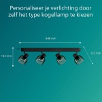 Plafondspot met vier zwarte spots en gerookt glas maat tekening