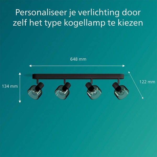 Plafondspot met vier zwarte spots en gerookt glas maat tekening