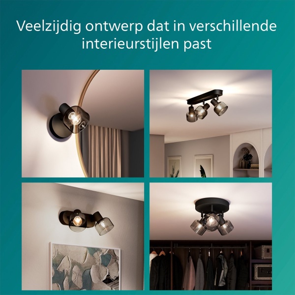 Zwarte plafondspots met gerookt glas in diverse interieursituaties gemonteerd