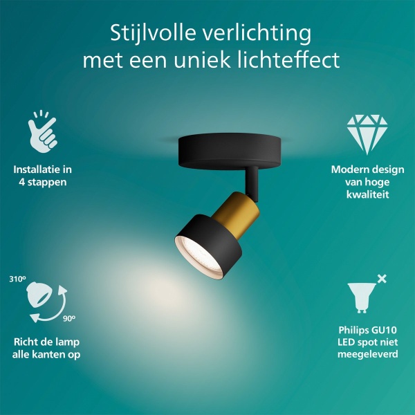 Zwarte en gouden Philips plafondspot met verstelbare richtbare lichtbundel