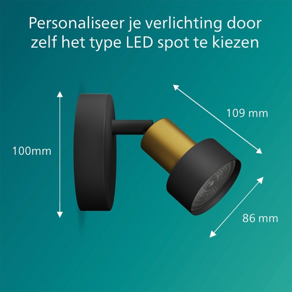 Philips plafondspot zwart goud met maatvoering tekening in millimeters