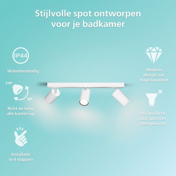 Witte Philips plafondspot met drie verstelbare lichtpunten voor badkamergebruik