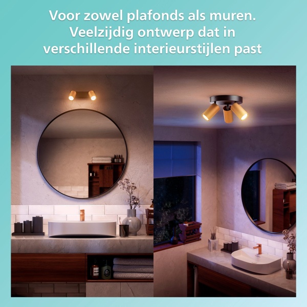 Gouden plafondspot met warme verlichting boven moderne badkamerwastafel