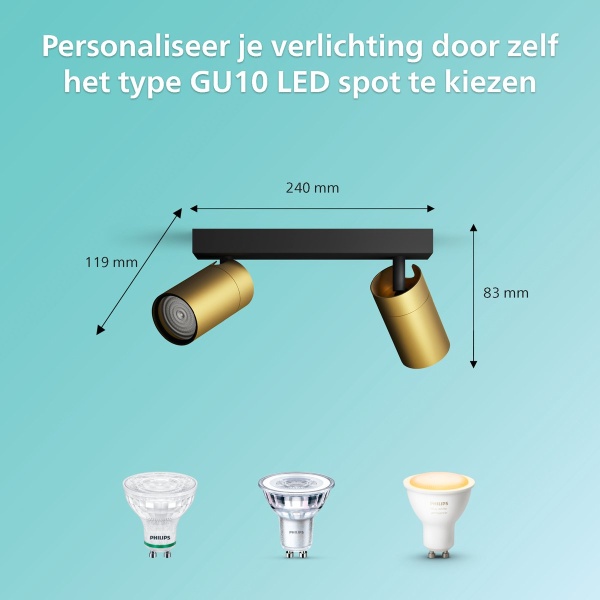 Philips plafondspot twee lichts goud met maattekening en GU10 fittingen