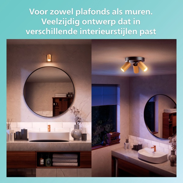 Gouden plafondspot met twee lichtbronnen in moderne badkamer naast spiegel