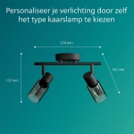 Philips plafondspot zwart met twee verstelbare spots en maattekening