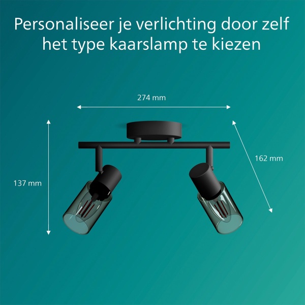 Philips plafondspot zwart met twee verstelbare spots en maattekening