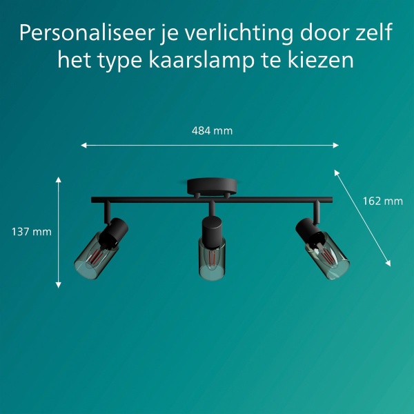 Philips PALMS plafondspot zwart met drie verstelbare glazen lampenkappen maattekening