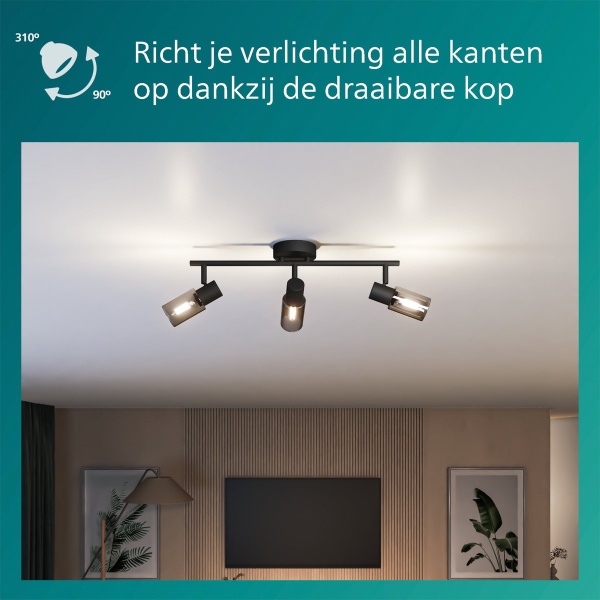 Zwarte plafondspot met drie richtbare lampen en gerookt glazen kappen