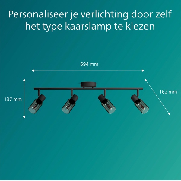 Philips PALMS plafondspot 4 lichts zwart met gerookt glas maattekening