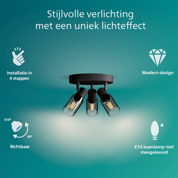 Zwarte ronde plafondspot met drie verstelbare armen en gerookt glazen kappen