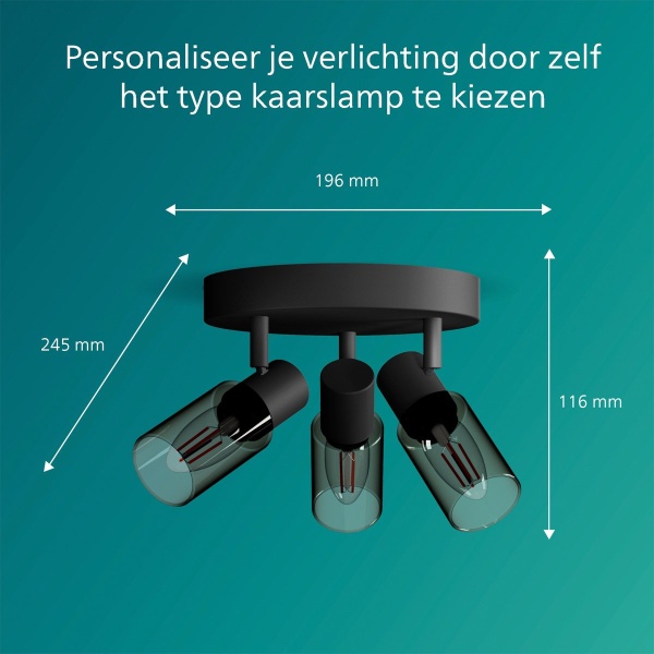 Philips PALMS plafondspot zwart rond met drie gerookte glazen kappen maattekening