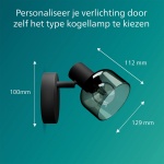 Philips zwarte plafondspot met gerookt glazen kap en maattekening