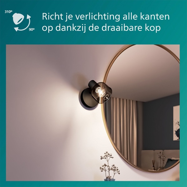 Zwarte plafondspot met gerookt glas naast ronde spiegel in moderne kamer