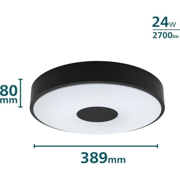 Ronde plafondlamp zwart met witte diffuser maatvoering 389 bij 80 mm
