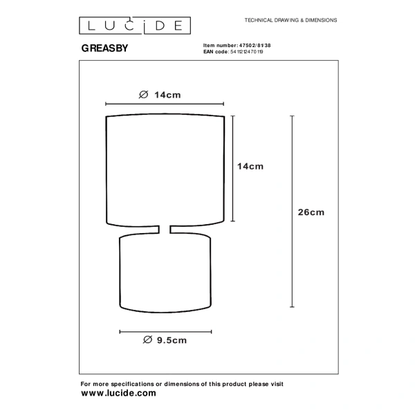 47502-81-38 technical drawing Technische tekening tafellamp rond beige E14 Lucide Greasby met afmetingen