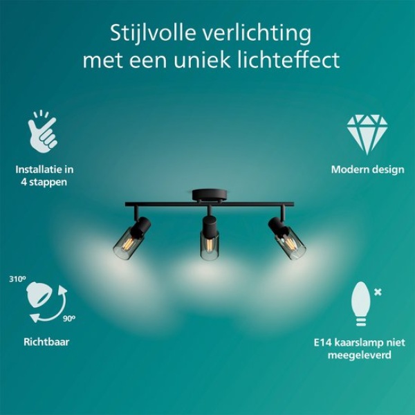 Zwarte plafondspot met drie verstelbare lampen en gerookt glazen kapjes