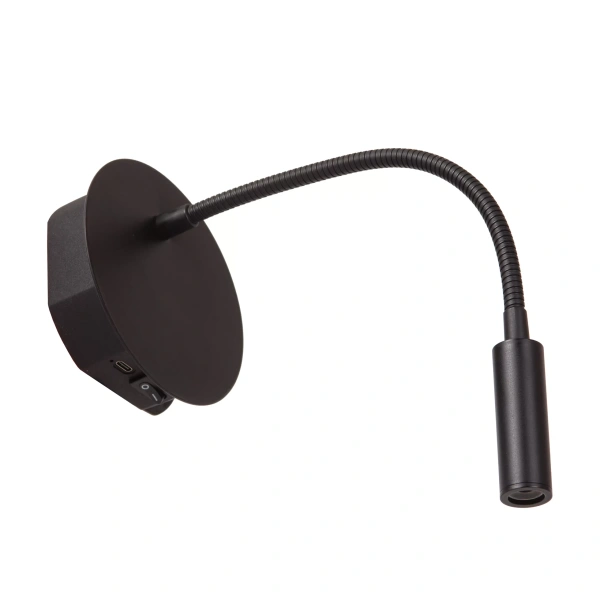 Zwarte oplaadbare bedlamp met flexibele verstelbare arm en magneetbevestiging