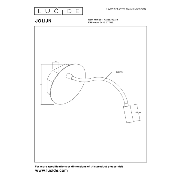 Technische tekening bedlamp Jolijn wit verstelbaar magnetisch met afmetingen